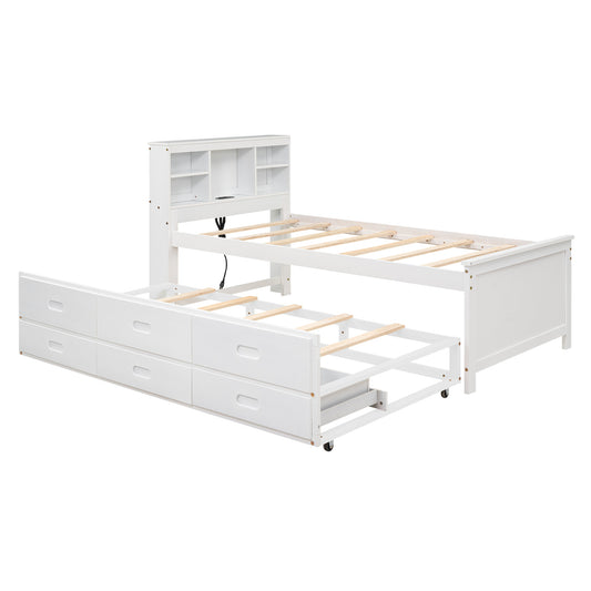 White Twin Size Platform Bed with Storage Headboard, USB, Trundle and 3 Drawers, Solid Wood+MDF