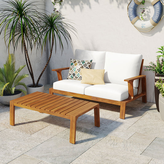 2 Pieces Outdoor Sofa Set 2-person Patio Seating Group Outdoor Conversation Set with Cushions and a Coffee Table for Patios, Gardens, or Balcony, Teak Finish +White Cushion