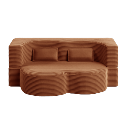 Modern Floor Sofa with 2 Pillows,Convertible Plush Corduroy Foam-Filled Sleeper Sofa Bed,15' Full Size Folding Mattress for Living Room,Guest Bed,no assembly required,Orange