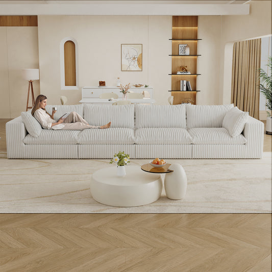 157.6'Cloud Sofa,Corduroy Fabric,Deep Seat Couches,Double-layer design,Removable  Cushion,No Assembly,DIY Combination for Living room, Bedroom,Conference room ,Apartment,White