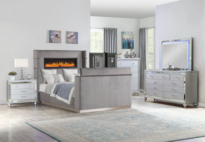 Lavish Modern Style 5 Pc Queen Bedroom Set Made with Fireplace in Headboard & TV stand in Footboard with Wood in Grey(NJ INVENTORY)