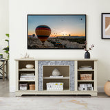 Mantel Stone TV Media Stand with with Faux Stacked Stone Surround, Modern Entertainment Console with Open Storage Space,WHITE, 58.31'W*15.39'D*26.06'H