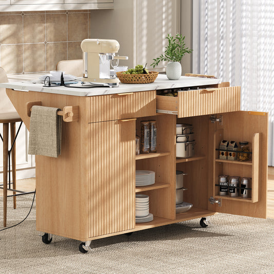 K&K 52' Fluted Kitchen Island with Drop Leaf, Power Outlet,  Kitchen Storage Cart with Adjustable Shelves, 2 Doors and 2 Drawers, Rolling Island Table with Faux Marble Top for Kitchen, Natural