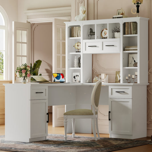 L-Shaped Computer Desk with 2 Cabinets and 2 Drawers, 11 Open Shelves and 1 Right Flip Shelf with Storage, with Power Outlet, for Study, Living Room and Office, White