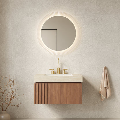 MURI 30' Bathroom Vanity&Sink, Floating Plywood Storage Cabinet with Drawer&Door, Roma Travertine Sintered Stone Top&Ceramic Basin with 3 Pre-drilled Faucet Holes, Pre-assembled, Brown Oak Woodgrain