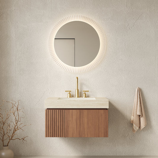 MURI 30' Bathroom Vanity&Sink, Floating Plywood Storage Cabinet with Drawer&Door, Roma Travertine Sintered Stone Top&Ceramic Basin with 3 Pre-drilled Faucet Holes, Pre-assembled, Brown Oak Woodgrain