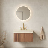 MURI 30' Bathroom Vanity&Sink, Floating Plywood Storage Cabinet with Drawer&Door, Roma Travertine Sintered Stone Top&Ceramic Basin with 3 Pre-drilled Faucet Holes, Pre-assembled, Brown Oak Woodgrain
