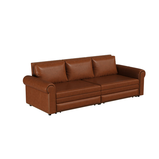 Chesterfield Sofa,93.7' King Pull Out Sofa Bed, 3-in-1 Faux Leather Convertible Sleeper Sofa with Nailhead Trim & Rolled Arm,Multi-Functional Sofa Bed,Light Brown