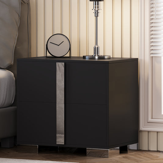 Modern End Table with Drawers, Elegant Nightstand with Metal Foot,Wood Bedside Table with Mirrored Metal Handles,Sofa Side End Table for Bedroom Living Room Office,Black
