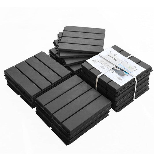 Patio Interlocking Deck Tiles, 12'x12' Square Composite Decking Tiles, Four Slat Plastic Outdoor Flooring Tile All Weather for Balcony Porch Backyard, (Dark Gray, Pack of 27)