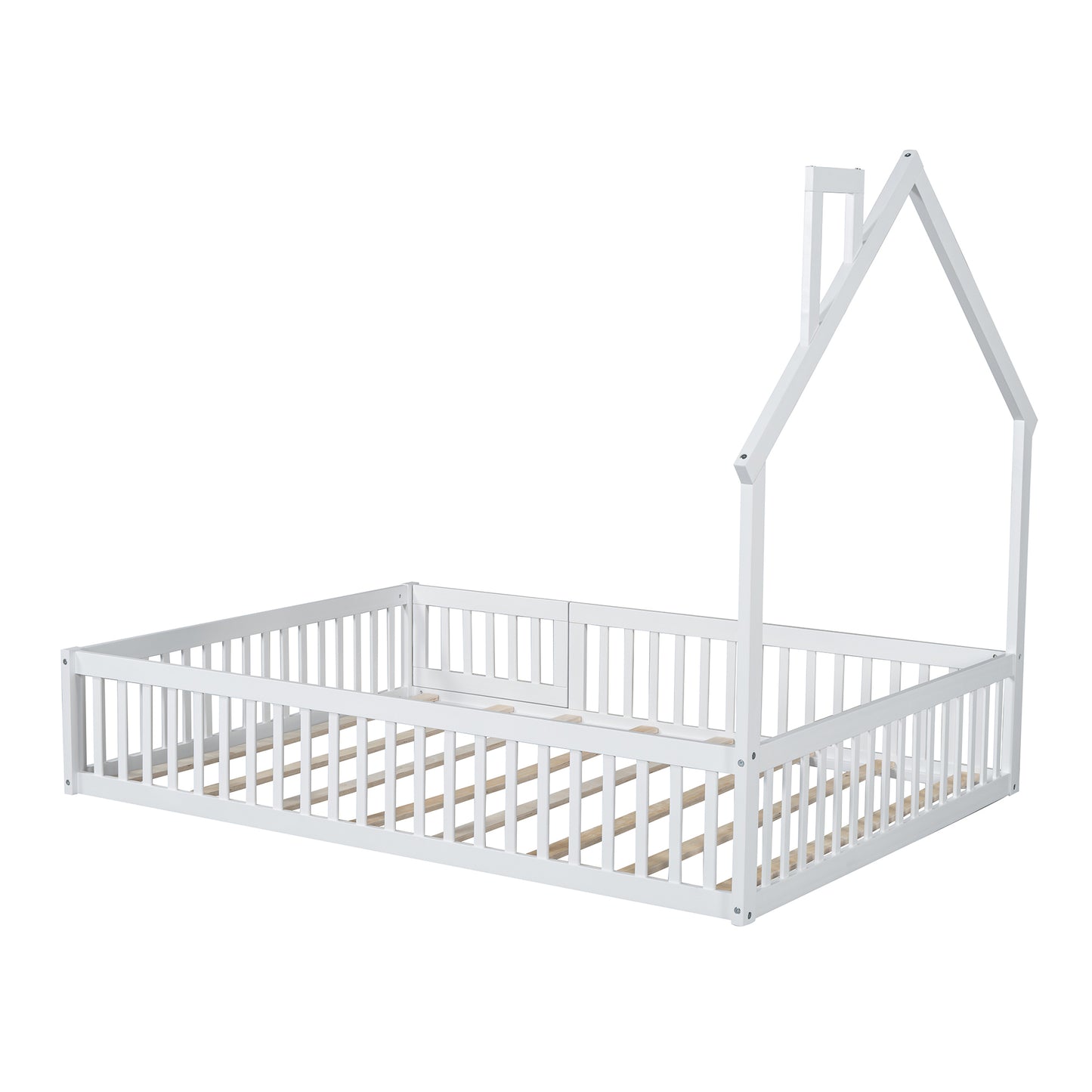 Wood Full Size House Platform Bed with Guardrail in White, Pine Wood + MDF, 78''L x 57''W x 64''H