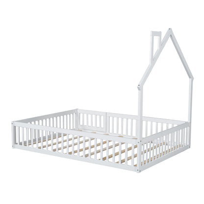 Wood Full Size House Platform Bed with Guardrail in White, Pine Wood + MDF, 78''L x 57''W x 64''H