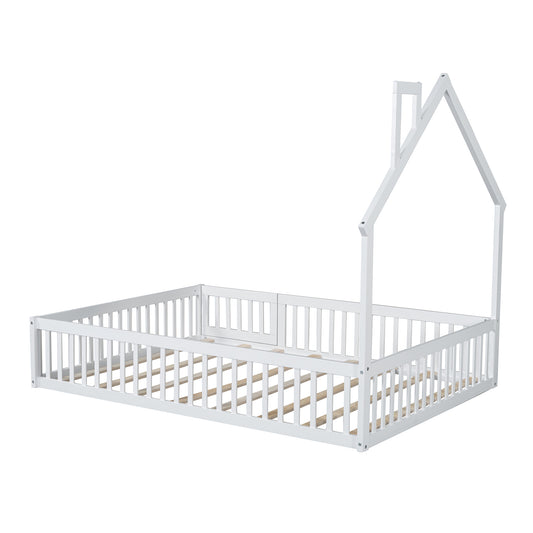 Wood Full Size House Platform Bed with Guardrail in White, Pine Wood + MDF, 78''L x 57''W x 64''H