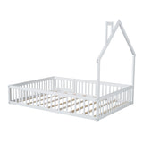 Wood Full Size House Platform Bed with Guardrail in White, Pine Wood + MDF, 78''L x 57''W x 64''H