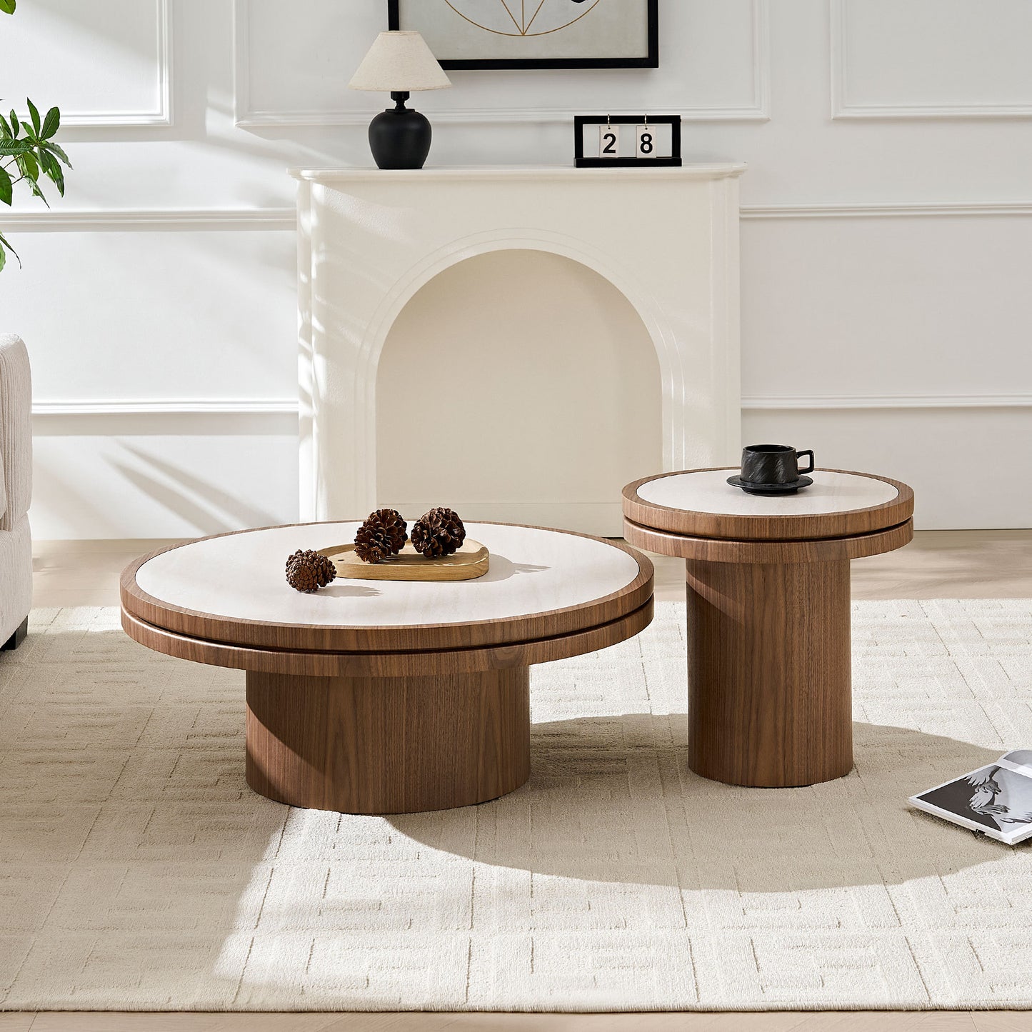 Set of 19.49''+35.43'' MDF Round Coffee Table  Sintered Stone Tabletop for Living Room Apartment  Reception Room  WALNUT