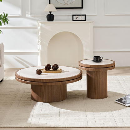 Set of 19.49''+35.43'' MDF Round Coffee Table  Sintered Stone Tabletop for Living Room Apartment  Reception Room  WALNUT
