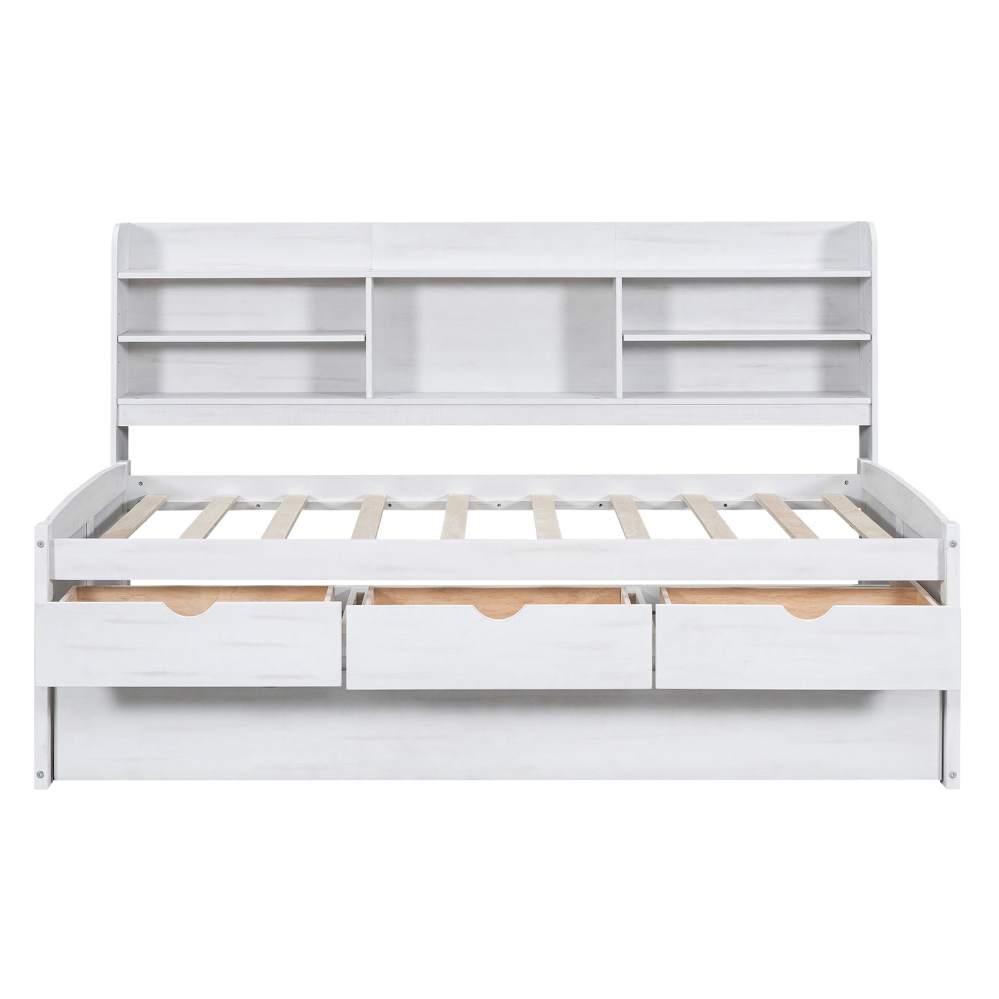 White Wash Twin Size Wooden Captain Bed with Built-in Bookshelves, Three Storage Drawers, and Trundle - Solid Pine Wood and MDF