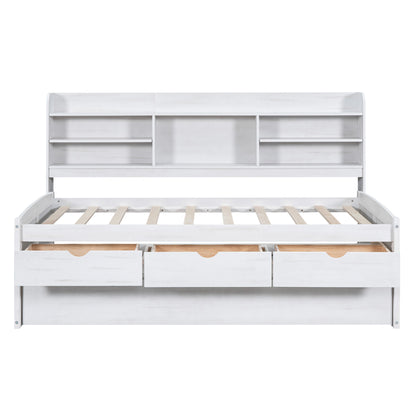 White Wash Twin Size Wooden Captain Bed with Built-in Bookshelves, Three Storage Drawers, and Trundle - Solid Pine Wood and MDF