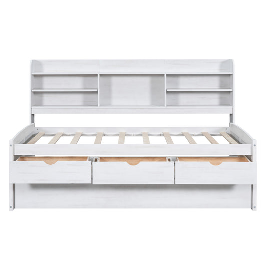 White Wash Twin Size Wooden Captain Bed with Built-in Bookshelves, Three Storage Drawers, and Trundle - Solid Pine Wood and MDF