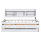 White Wash Twin Size Wooden Captain Bed with Built-in Bookshelves, Three Storage Drawers, and Trundle - Solid Pine Wood and MDF