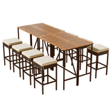 GO 10-Piece Outdoor Acacia Wood Bar Height Table And Eight Stools With Cushions, Garden PE Rattan Wicker Dining Table, Foldable Tabletop, High-Dining Bistro Set, All-Weather Patio Furniture, Brown
