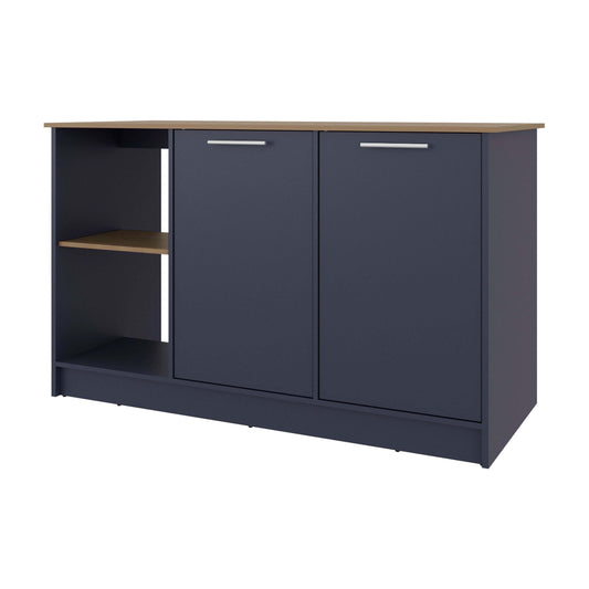 Kronos Blue and Natural Oak Kitchen Island with Storage Cabinet and Open Shelves