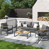 Outdoor 4 Pieces Furniture Sets Modern Iron Patio Conversation Sets Sofa w Grey Cushion Faux Wood Grain Frame Coffee Table for Garden Courtyard Poolside