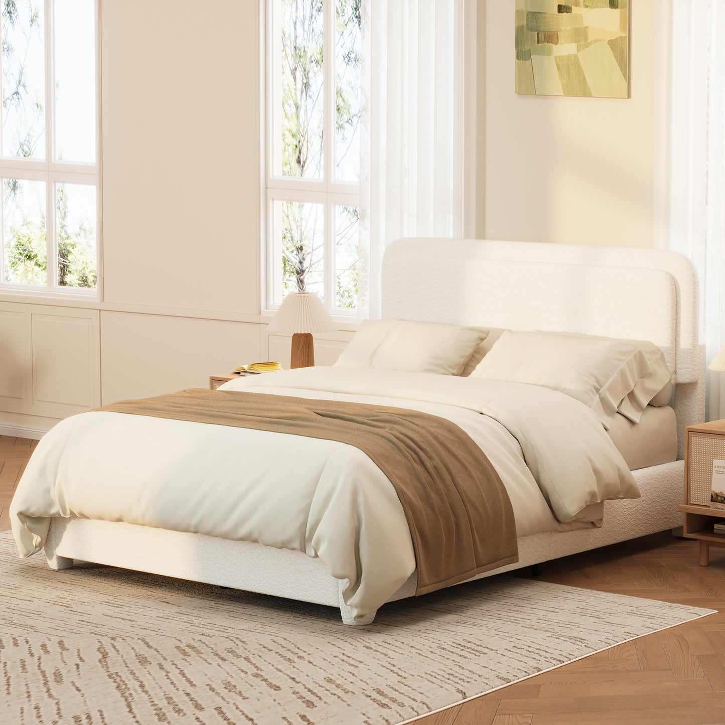 Boucle Full Bed Frame with Adjustable Height Headboard, Modern Platform Bed with Curved Cloud Headboard, Elegant Boucle Fabric Low Profile Platform Bed, No Box Spring Needed, Easy Assembly, White