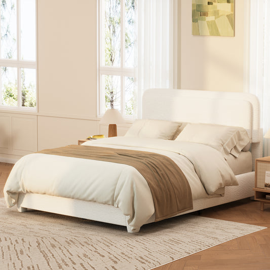 Boucle Full Bed Frame with Adjustable Height Headboard, Modern Platform Bed with Curved Cloud Headboard, Elegant Boucle Fabric Low Profile Platform Bed, No Box Spring Needed, Easy Assembly, White