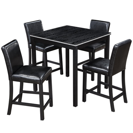 5PCs Counter Height Table Set, Wooden Kitchen Table Set with Square Table and 4 Upholstered Chairs, Counter Height Dining Table with Crystal Decoration and Chair Set for Kitchen, Dining Room, Black