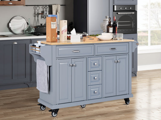 Kitchen Island with Rubber wood Countertop, Kitchen Cart on 5 Wheels with Storage Cabinet and 5 Drawers for Dinning Room, Grey
