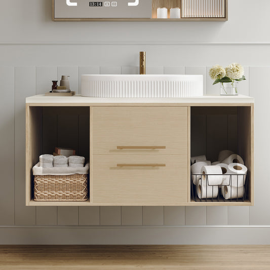 Modern 39.3 Wall-Mounted Bathroom Vanity with Oval Ceramic Sink Floating Vanity Multi-Layer Solid Wood Cabinet Soft-Close Drawers Open Shelf Storage