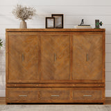 Queen Size Murphy Bed, Pine Wood Cabinet Bed with Built-in USB Charging Station and Geometrical Decoration Panel ,Walnut