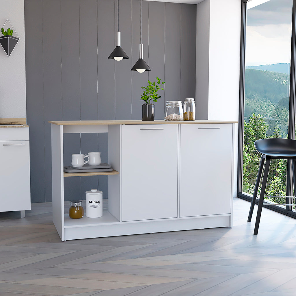 Juniper Kitchen Island, Four Open Shelves, Two Cabinets  -Light Oak / White