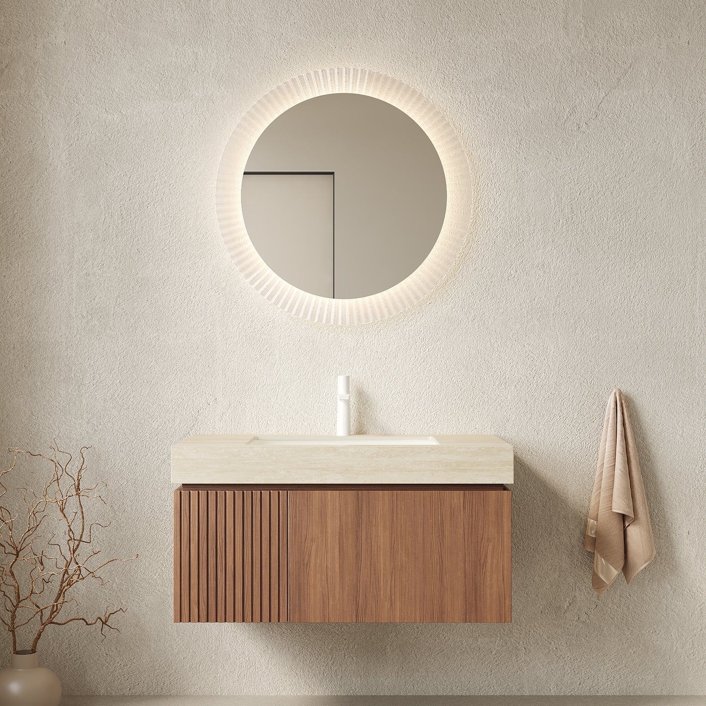MURI 36' Bathroom Vanity&Sink, Floating Plywood Storage Cabinet with Drawer&Door, Roma Travertine Sintered Stone Top&Ceramic Basin with 1 Pre-drilled Faucet Hole, Pre-assembled, Brown Oak Woodgrain