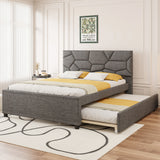 Queen Size Upholstered Platform Bed with Brick Pattern Headboard and Twin XL Size Trundle, Linen Fabric, Gray(OLD SKU: SF000004AAE)
