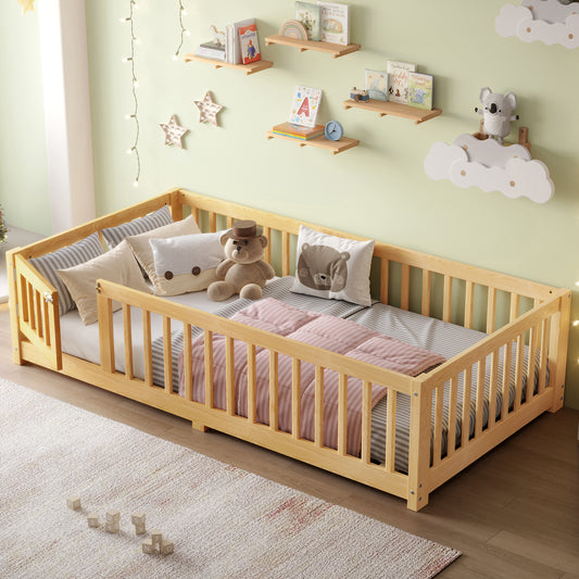Twin Size Bed Floor Bed with Safety Guardrails and Door for Kids, Natural(Old SKU: W1580P154623)