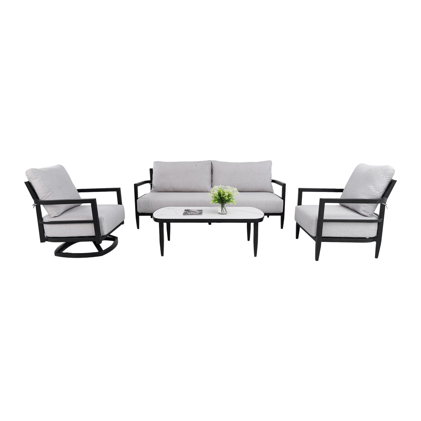 4PC Outdoor Conversation Set with 360° Swivel Lounge Chair,Club Chair,Luxurious Bench Seat Sofa,Marble-Inspired Sintered Stone Coffee Table,Rust-Free Aluminum Frame & Sunbrella Cast Silver Cushions