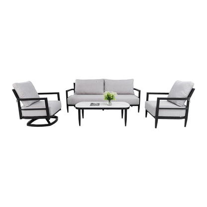4PC Outdoor Conversation Set with 360° Swivel Lounge Chair,Club Chair,Luxurious Bench Seat Sofa,Marble-Inspired Sintered Stone Coffee Table,Rust-Free Aluminum Frame & Sunbrella Cast Silver Cushions