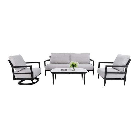 4PC Outdoor Conversation Set with 360° Swivel Lounge Chair,Club Chair,Luxurious Bench Seat Sofa,Marble-Inspired Sintered Stone Coffee Table,Rust-Free Aluminum Frame & Sunbrella Cast Silver Cushions