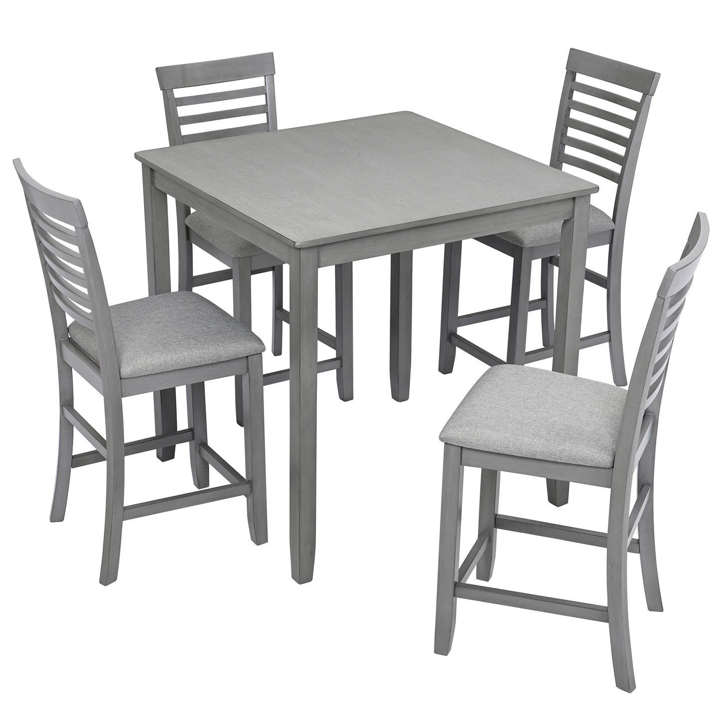 5 Piece Dining Table Set, Wooden Dining Square Table Set for 4, Counter Height Kitchen Table Set with Square Table and 4 Upholstered Chairs for Small Space, Gray
