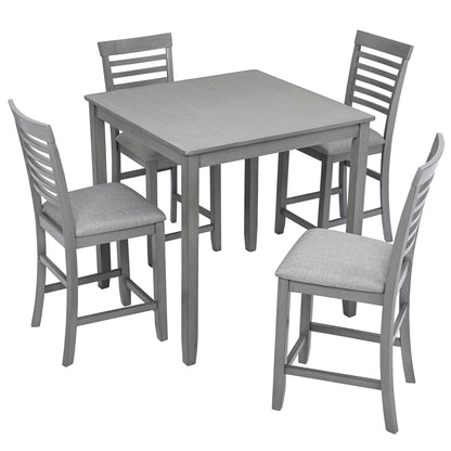 5 Piece Dining Table Set, Wooden Dining Square Table Set for 4, Counter Height Kitchen Table Set with Square Table and 4 Upholstered Chairs for Small Space, Gray