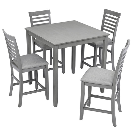 5 Piece Dining Table Set, Wooden Dining Square Table Set for 4, Counter Height Kitchen Table Set with Square Table and 4 Upholstered Chairs for Small Space, Gray