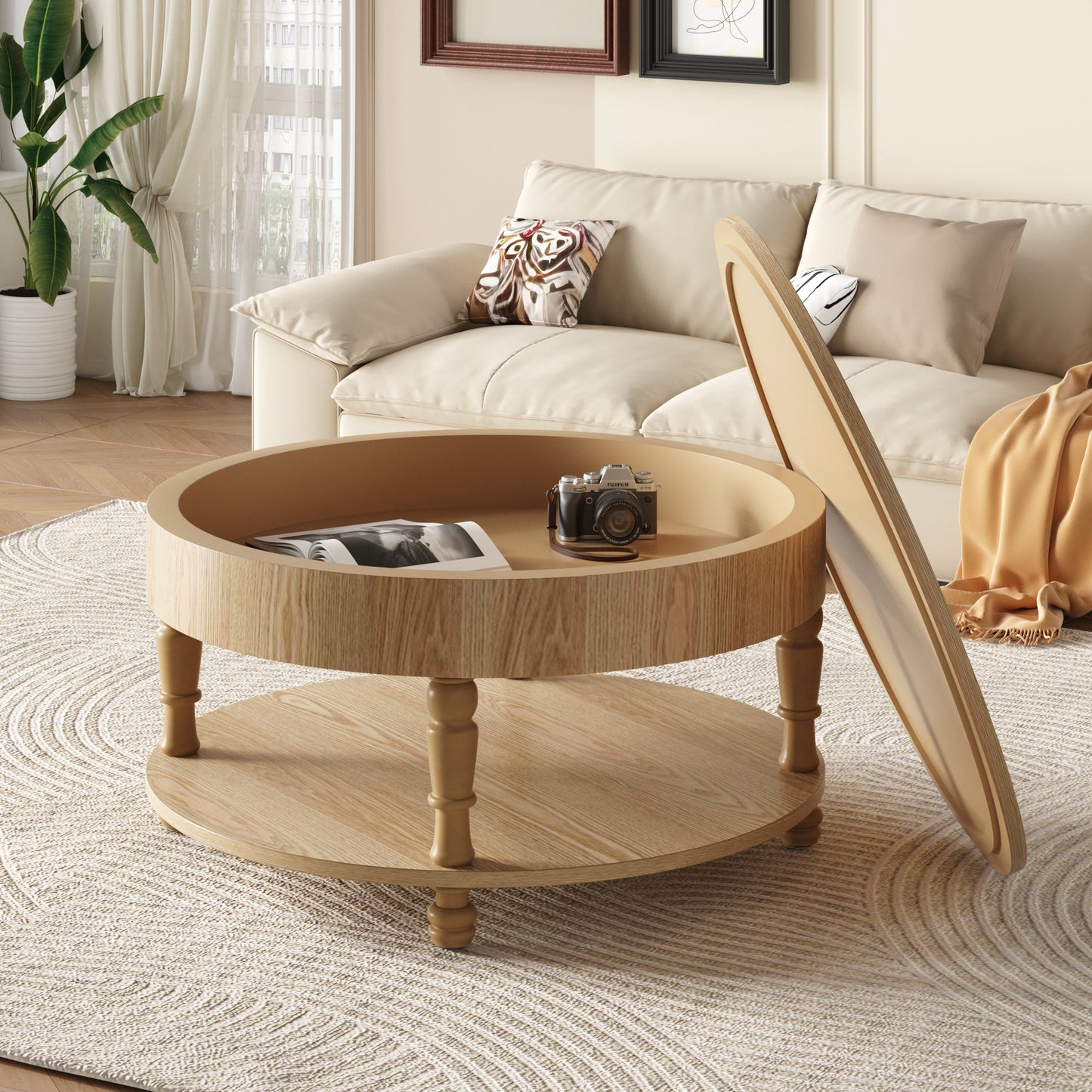 Coffee Table with Dual Storage for Living Room, 31.5' Modern Round Coffee Table with Storage and Hidden Compartment, Adjustable Leveling Feet, Easy Assembly(Natrual Wood)