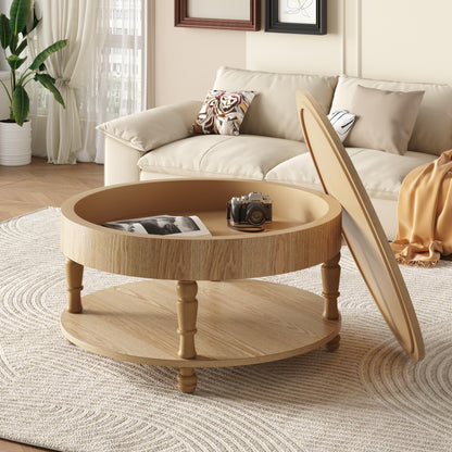 Coffee Table with Dual Storage for Living Room, 31.5' Modern Round Coffee Table with Storage and Hidden Compartment, Adjustable Leveling Feet, Easy Assembly(Natrual Wood)
