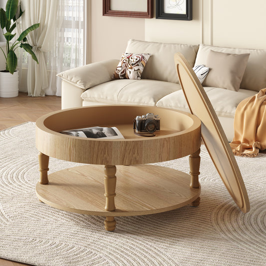 Coffee Table with Dual Storage for Living Room, 31.5' Modern Round Coffee Table with Storage and Hidden Compartment, Adjustable Leveling Feet, Easy Assembly(Natrual Wood)