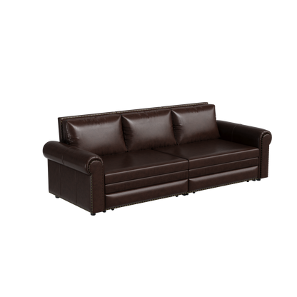 Chesterfield Sofa,93.7' King Pull Out Sofa Bed, 3-in-1 Faux Leather Convertible Sleeper Sofa with Nailhead Trim & Rolled Arm,Multi-Functional Sofa Bed,Dark Brown