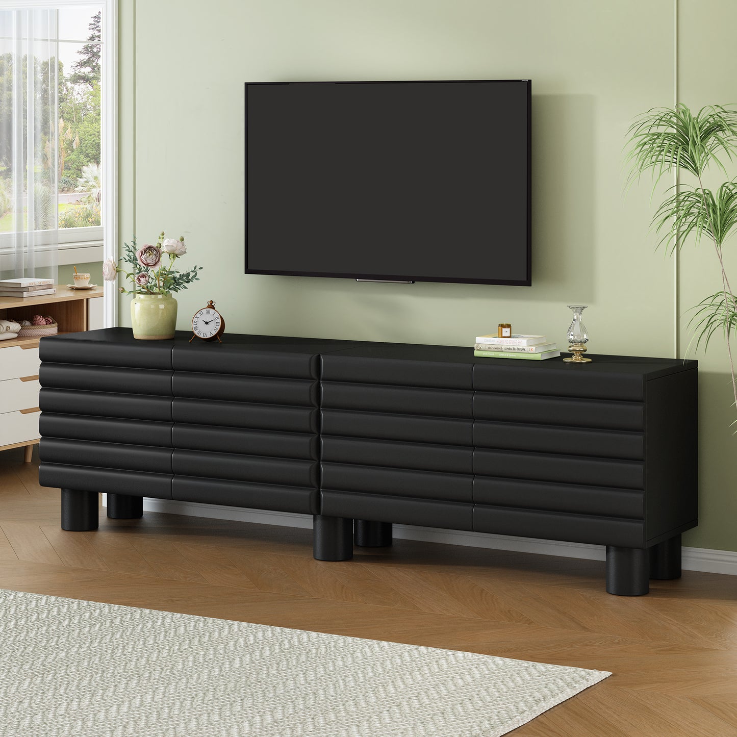 Stylish Thick Wavy Door TV Cabinet with Adjustable Shelves, Cream Style TV Stand with 4 Cabinets for TVs Up to 75', Solid Media Console with Cylindrical Legs and Cable Holes for Living Room, Black
