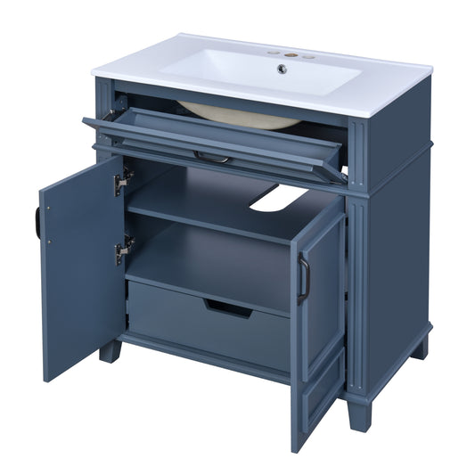 Retro Style Blue Bathroom Vanity with Ceramic Sink, Solid Wood Frame Storage Cabinet, 30''