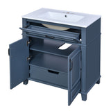 Retro Style Blue Bathroom Vanity with Ceramic Sink, Solid Wood Frame Storage Cabinet, 30''